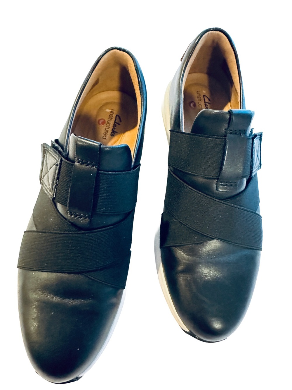 Clarks Black Slip-On Leather Loafers with Elastic Cross Straps